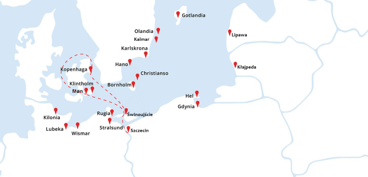 Mapa rejsu Szczecin - Kopenhaga - Kalundborg - Korsor - Klintholm - Świnoujście