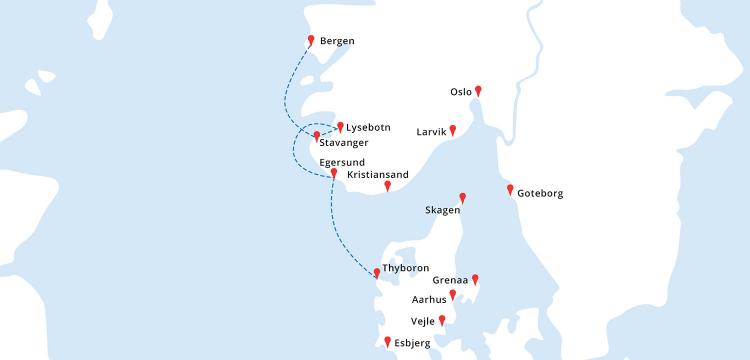Mapa rejsu Bergen - Stavanger - Lysebotn - Egersund - Thyboron