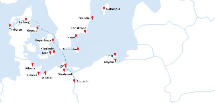 Mapa rejsu Thyboron- Aalborg - Grenaa - Kopenhaga - Szczecin