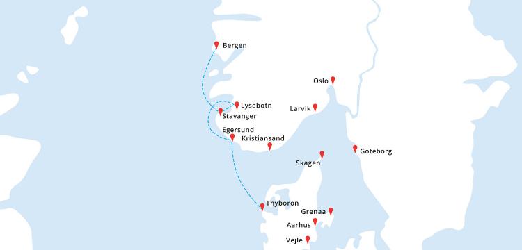 Mapa rejsu Thyboron - Egersund - Lysebotn - Stavanger - Bergen